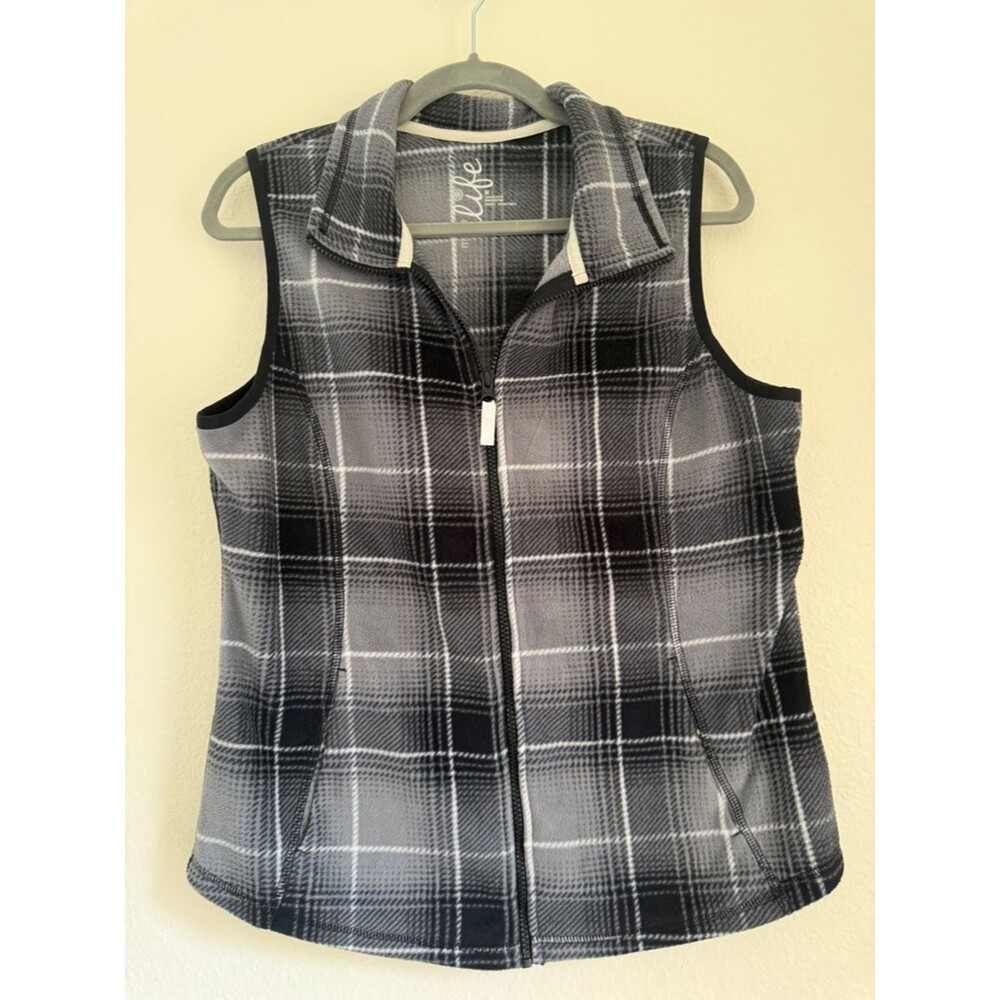 Made For Life Plaid Fleece Vest Gray White Zip Front Sleeveless Womens Medium
